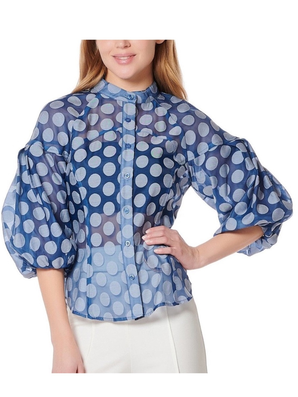 GRACIA SHEER BLUE POLKA DOT BLOUSE